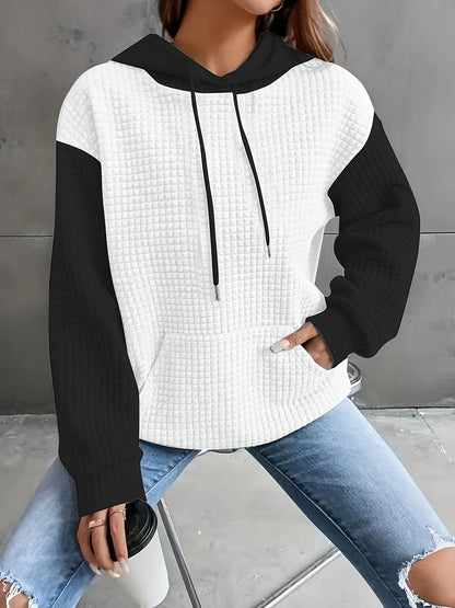 Sudadera de punto waffle color bloque cómoda para mujeres con capucha ajustable, manga larga y bolsillo canguro, estilo oversized