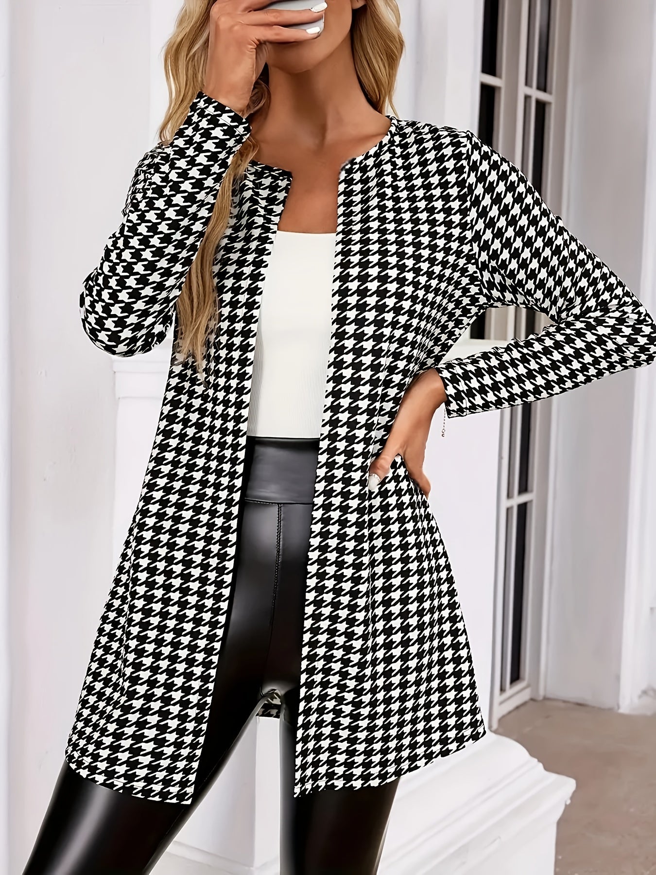 Cárdigan Elegante de Houndstooth para Mujeres con Frente Abierto y Mangas Largas Estilo Longline