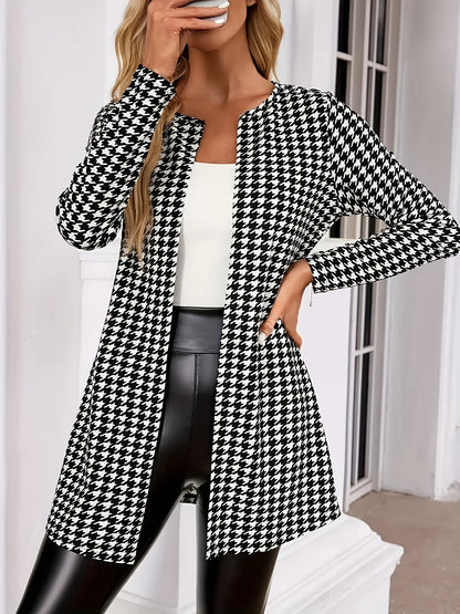 Cárdigan Elegante de Houndstooth para Mujeres con Frente Abierto y Mangas Largas Estilo Longline