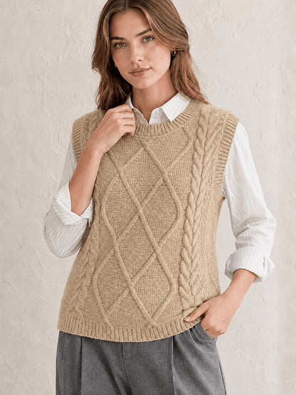 Chaleco de Punto de Cable Cómodo para Mujeres con Cuello Redondo Sin Mangas Estilo Preppy Relajado