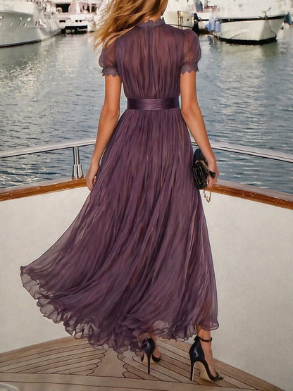 Elegante Vestido Maxi de Chiffon Ombre para Mujeres con Cuello Alto, Manga Abullonada, Corte en Llave y Detalles de Encaje