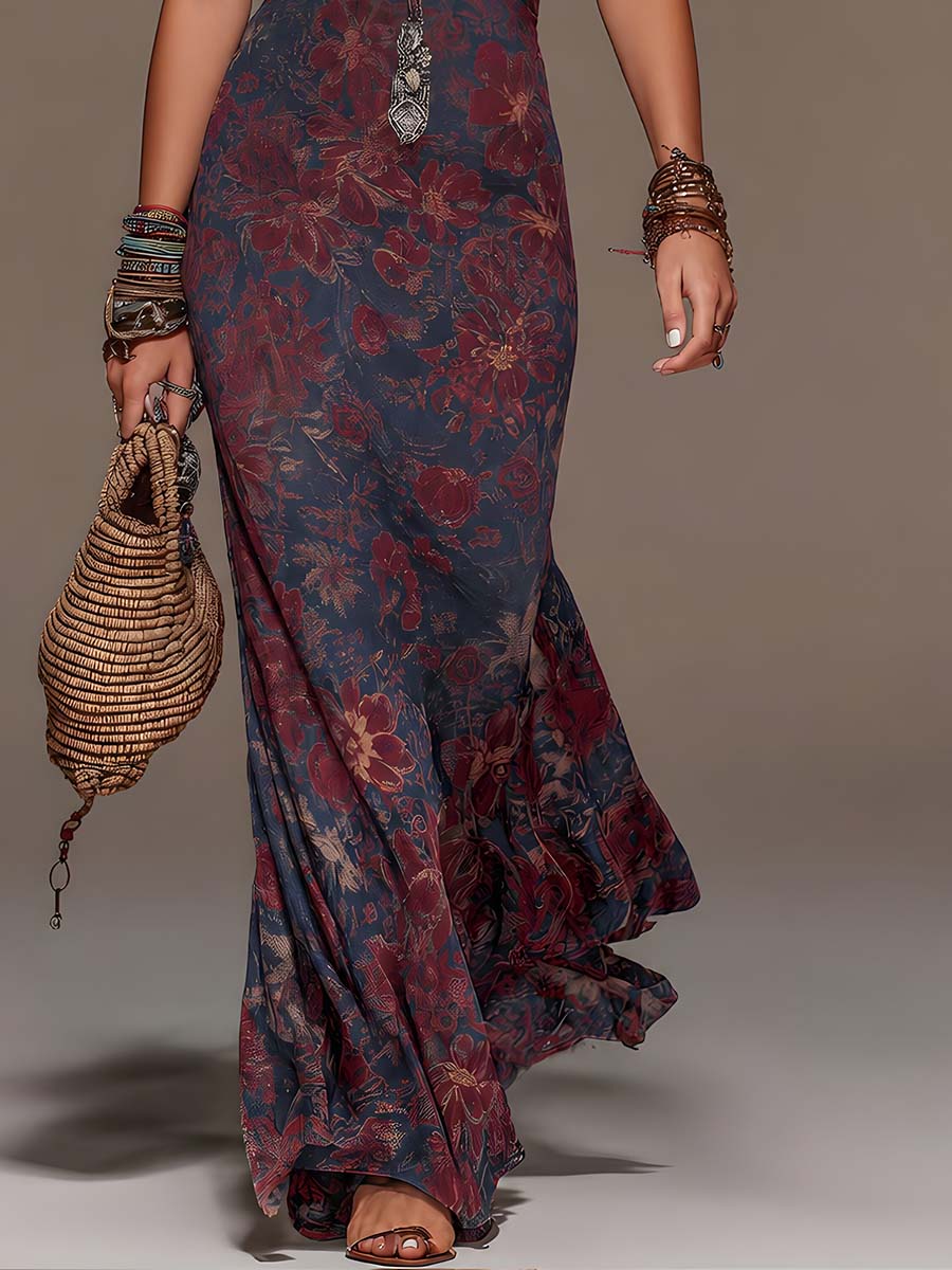 Elegante Vestido Maxi Floral Marino para Mujeres con Escote Halter y Detalles de Encaje en Estilo Bohemio