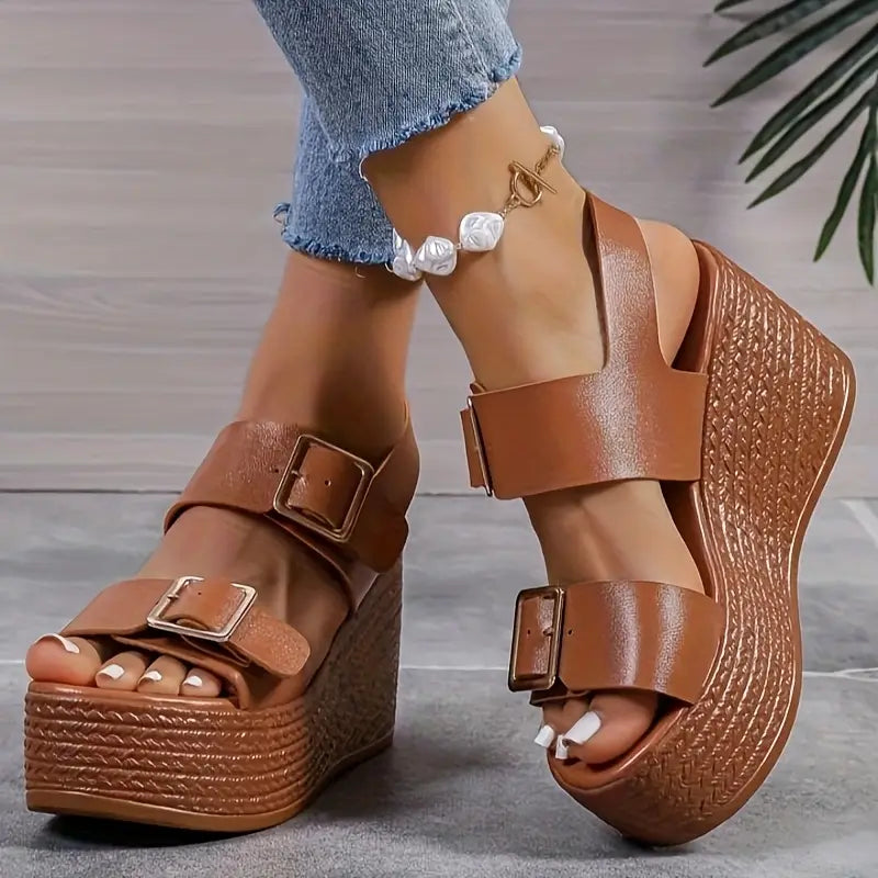 Sandalias de cuña cómodas marrones para mujeres con tiras dobles y plataforma de esparto, estilo abierto