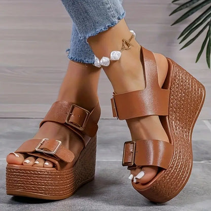 Sandalias de cuña cómodas marrones para mujeres con tiras dobles y plataforma de esparto, estilo abierto