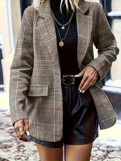 Blazer de Cuadros Elegante para Mujeres con Solapa de Muesca, Manga Larga y Estilo Oversized