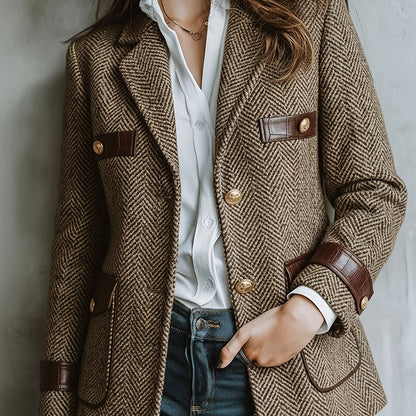 Blazer Elegante de Tweed Herringbone en Caqui para Mujeres con Cuello de Solapa y Mangas Largas con Detalles de Cuero y Botones Dorados