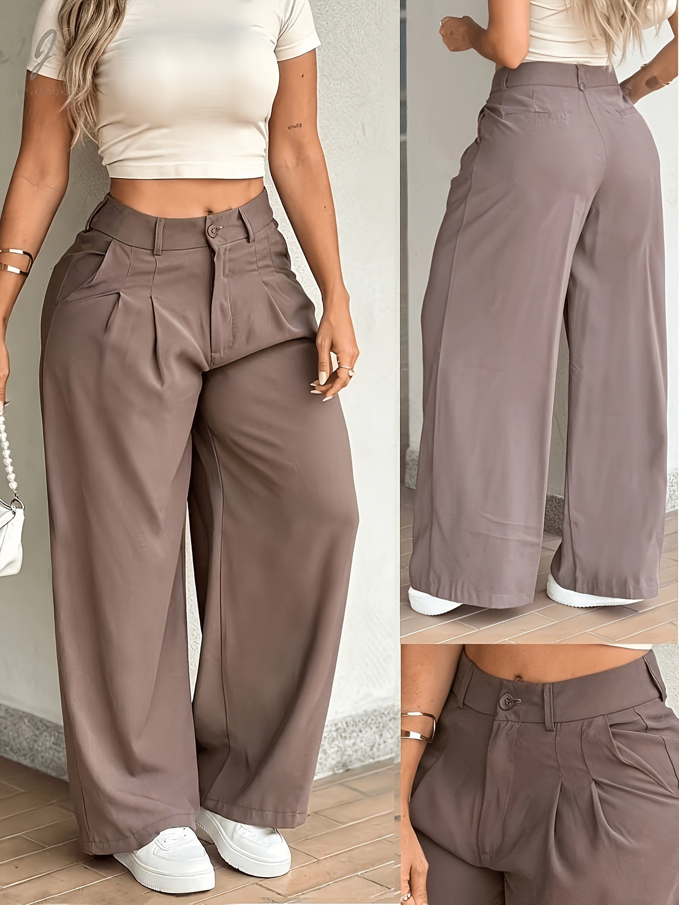 Pantalones de Pierna Ancha Sin Esfuerzo para Mujeres con Cintura Alta y Frente Plisado Estilo Casual Relajado