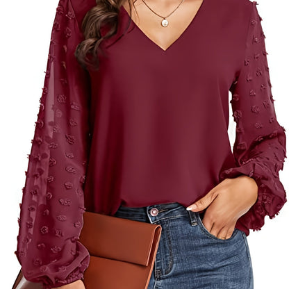 Blusa de Puntos Suizos sin Esfuerzo para Mujeres con Cuello en V y Manga Obispo de Chifón Texturizado Estilo Casual