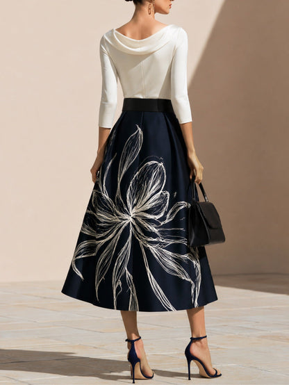 Falda Midi Floral Elegante en Azul Marino para Mujeres con Estilo A Line Plisado Completo