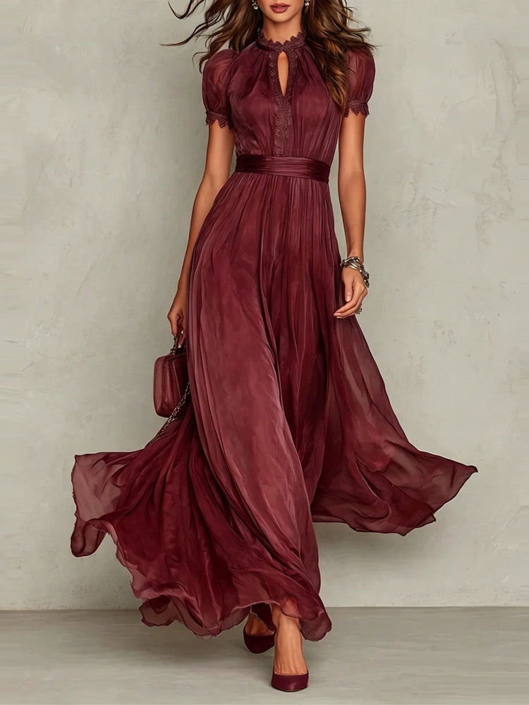 Elegante Vestido Maxi de Chiffon Ombre para Mujeres con Cuello Alto, Manga Abullonada, Corte en Llave y Detalles de Encaje
