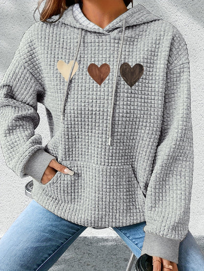 Sudadera de punto waffle con estampado de corazones cómoda para mujeres, con capucha, mangas largas y bolsillo canguro, estilo oversized