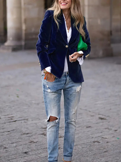 Blazer de Terciopelo Elegante para Mujeres con Solapa, Manga Larga, Botón Único y Estilo Formal
