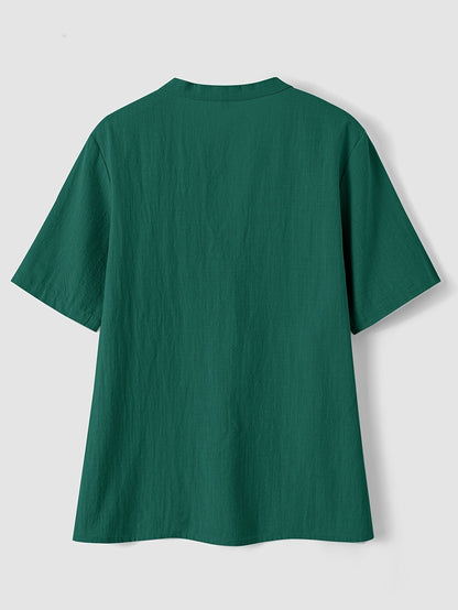 Blusa Texturizada Sin Esfuerzo para Mujeres con Escote en V Notch, Manga Corta, Estilo Relajado y Botones en la Parte Frontal
