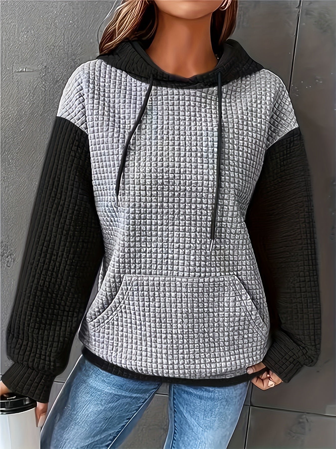 Sudadera de punto waffle color bloque cómoda para mujeres con capucha ajustable, manga larga y bolsillo canguro, estilo oversized