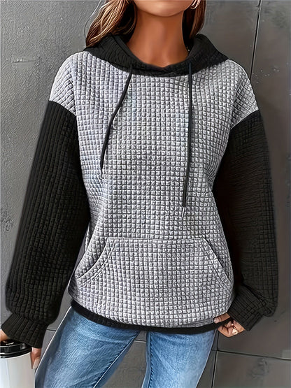 Sudadera de punto waffle color bloque cómoda para mujeres con capucha ajustable, manga larga y bolsillo canguro, estilo oversized