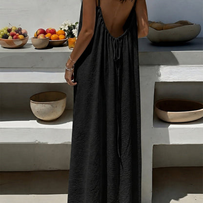 Vestido Maxi Texturizado Sin Espalda para Mujeres con Tirantes de Espagueti y Cuerda, Estilo Bohemio Fluyente