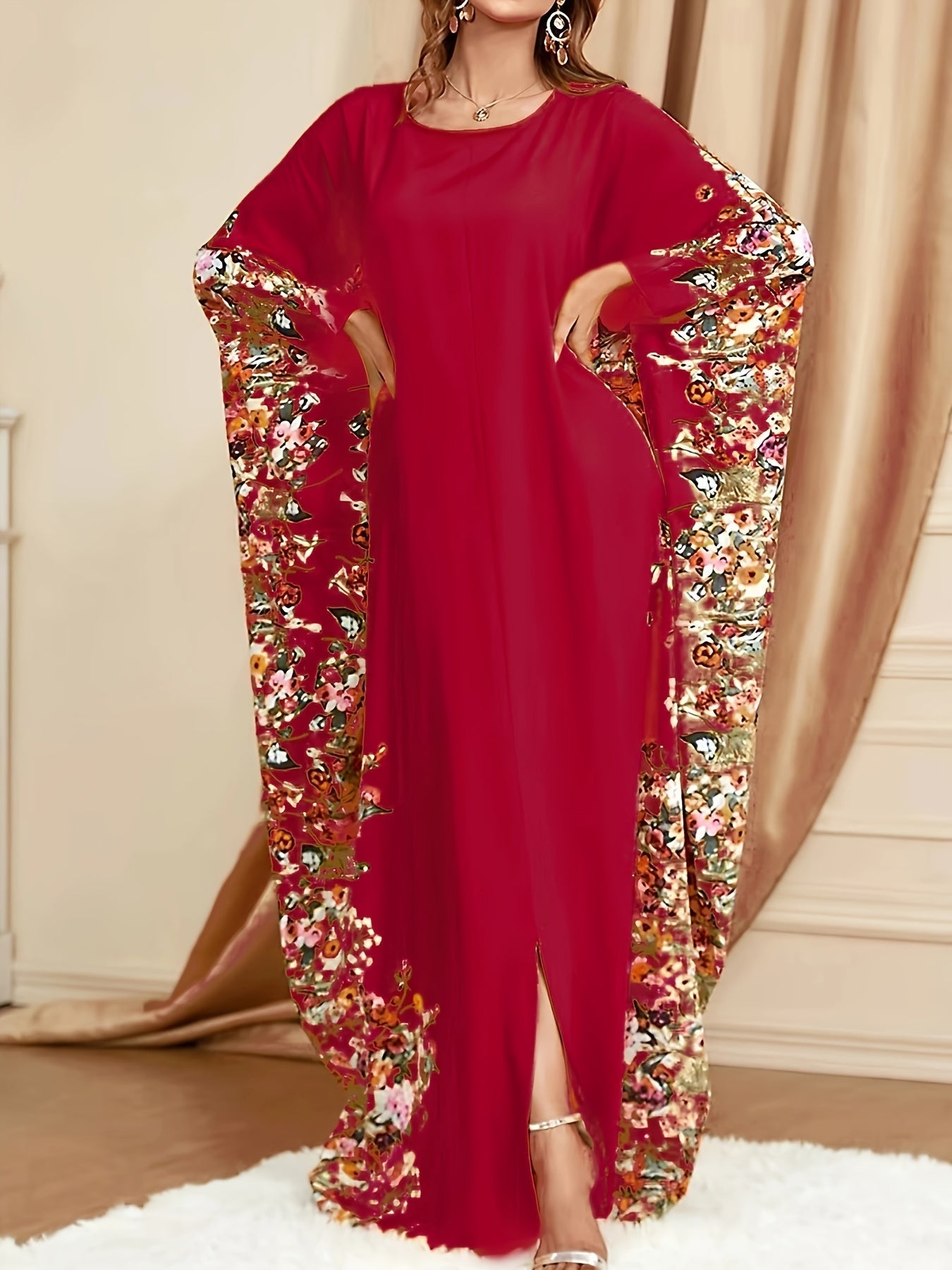 Elegante Vestido Maxi Kaftán Floral para Mujeres con Cuello Redondo y Mangas Murciélago