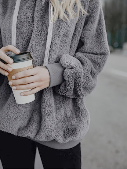 Sudadera cómoda de sherpa gris para mujeres con capucha, manga larga, cremallera de cuarto, estilo holgado y relajado
