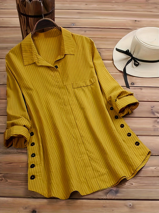 Blusa Rayada Sin Esfuerzo para Mujeres con Cuello, Manga Larga, Botones Lateral, Estilo Relajado
