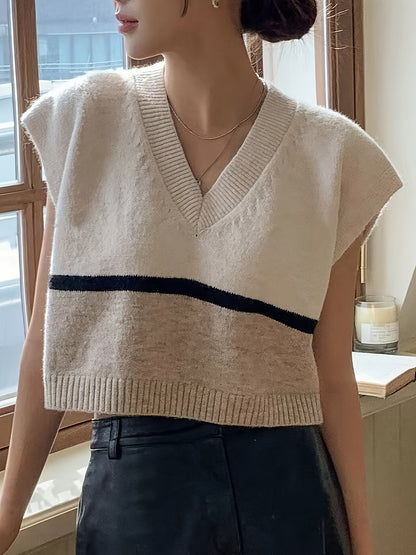 Chaleco de Punto a Rayas Elegante en Albaricoque para Mujeres con Escote en V Sin Mangas y Estilo Corto en Bloques de Color