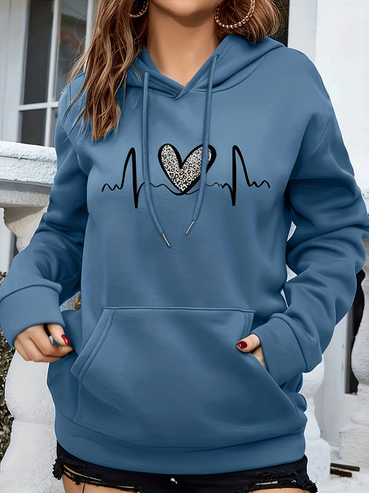 Sudadera con estampado de latido del corazón cómoda para mujeres con capucha ajustable, manga larga, bolsillo canguro, estilo oversize