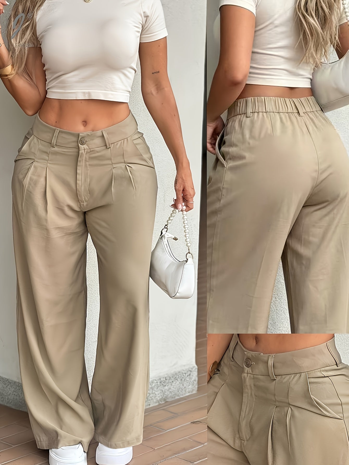 Pantalones de Pierna Ancha Sin Esfuerzo para Mujeres con Cintura Alta y Frente Plisado Estilo Casual Relajado