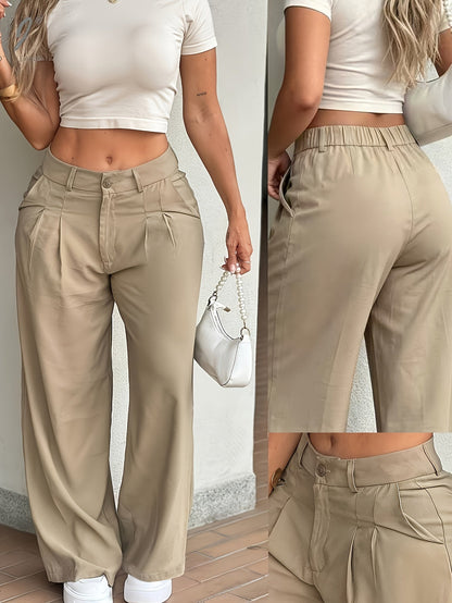 Pantalones de Pierna Ancha Sin Esfuerzo para Mujeres con Cintura Alta y Frente Plisado Estilo Casual Relajado