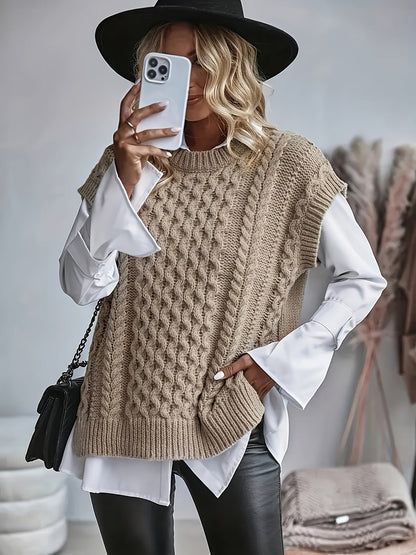 Chaleco de Punto Trenzado Cómodo para Mujeres con Cuello Redondo Sin Mangas Estilo Oversized