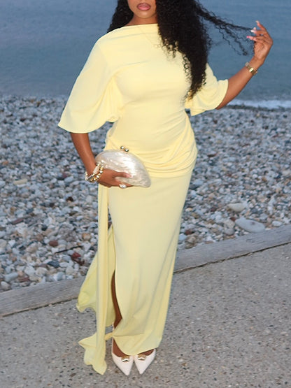 Vestido Maxi Amarillo Elegante para Mujeres con Cuello Alto, Manga Murciélago, Espalda Descubierta y Estilo con Abertura
