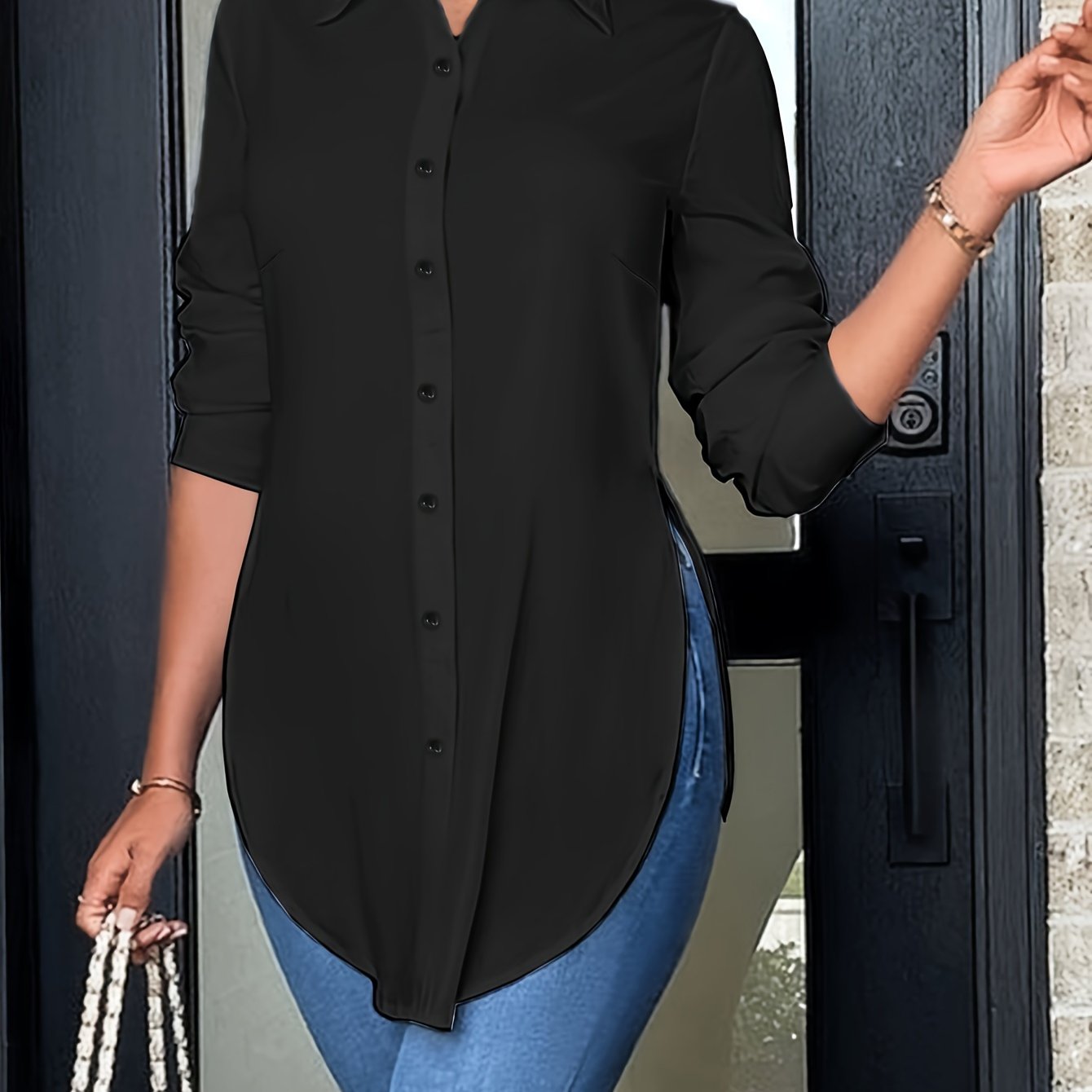 Blusa Tunic Sin Esfuerzo para Mujeres con Cuello, Manga Larga, Botones en la Parte Frontal, Estilo Relajado Alto-Bajo