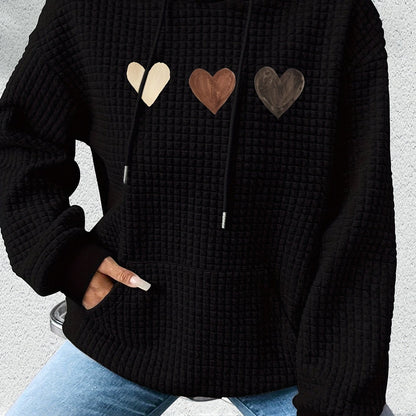 Sudadera de punto waffle con estampado de corazones cómoda para mujeres, con capucha, mangas largas y bolsillo canguro, estilo oversized