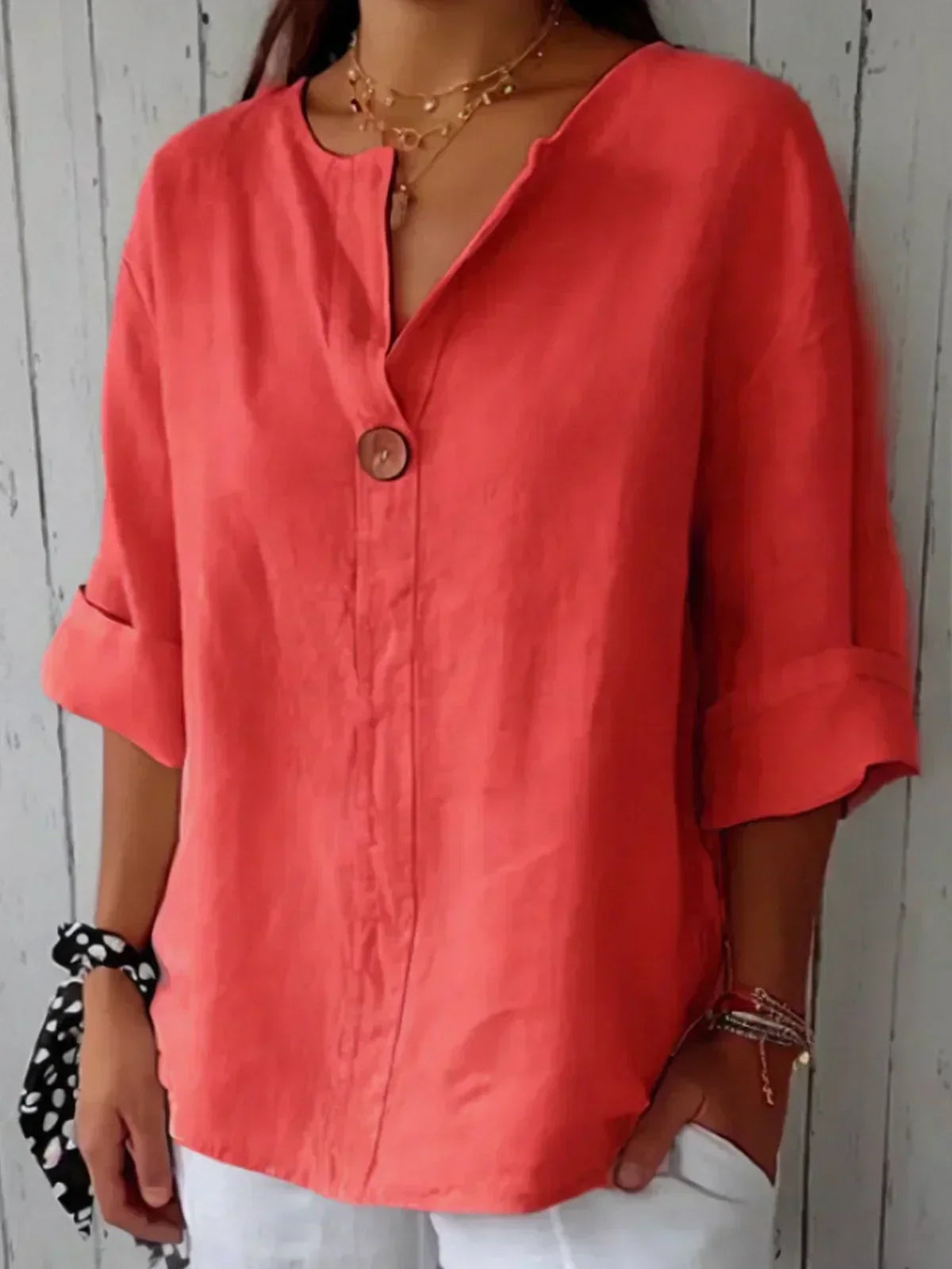 Blusa de Lino Sin Esfuerzo para Mujeres con Cuello en V y Manga de Codo, Estilo Relajado
