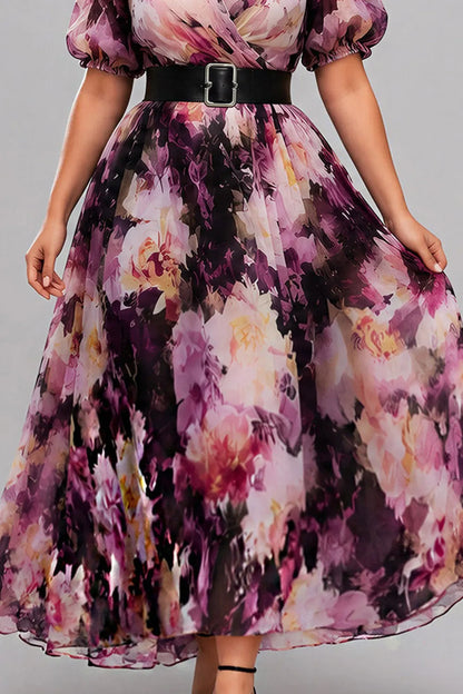 Elegante Vestido Maxi Floral Púrpura para Mujeres con Escote en V, Mangas Abullonadas y Cinturón para Invitadas de Boda