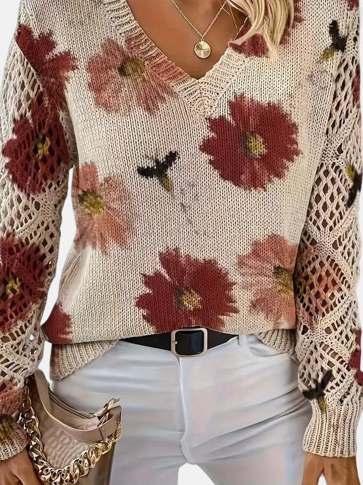 Suéter de Ganchillo Floral Cómodo para Mujeres con Cuello en V y Mangas de Globo, Estilo Oversized