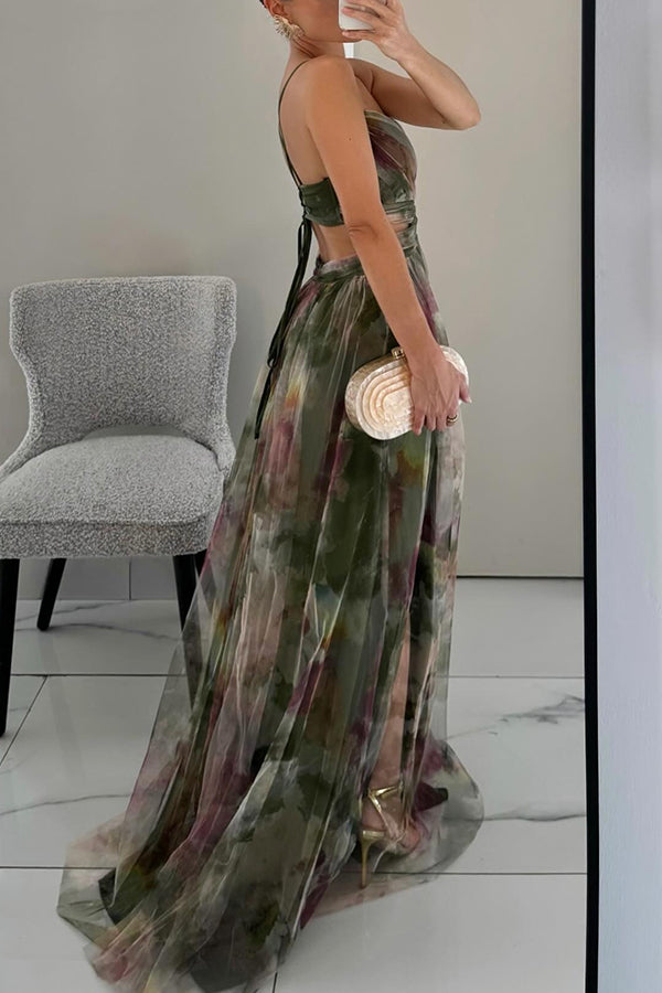 Elegante Vestido Maxi Floral Acuarela para Mujeres con Escote en V Sin Mangas y Cintura Envueltada, Estilo Formal para Invitadas de Boda