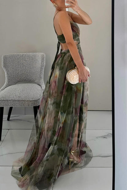 Elegante Vestido Maxi Floral Acuarela para Mujeres con Escote en V Sin Mangas y Cintura Envueltada, Estilo Formal para Invitadas de Boda