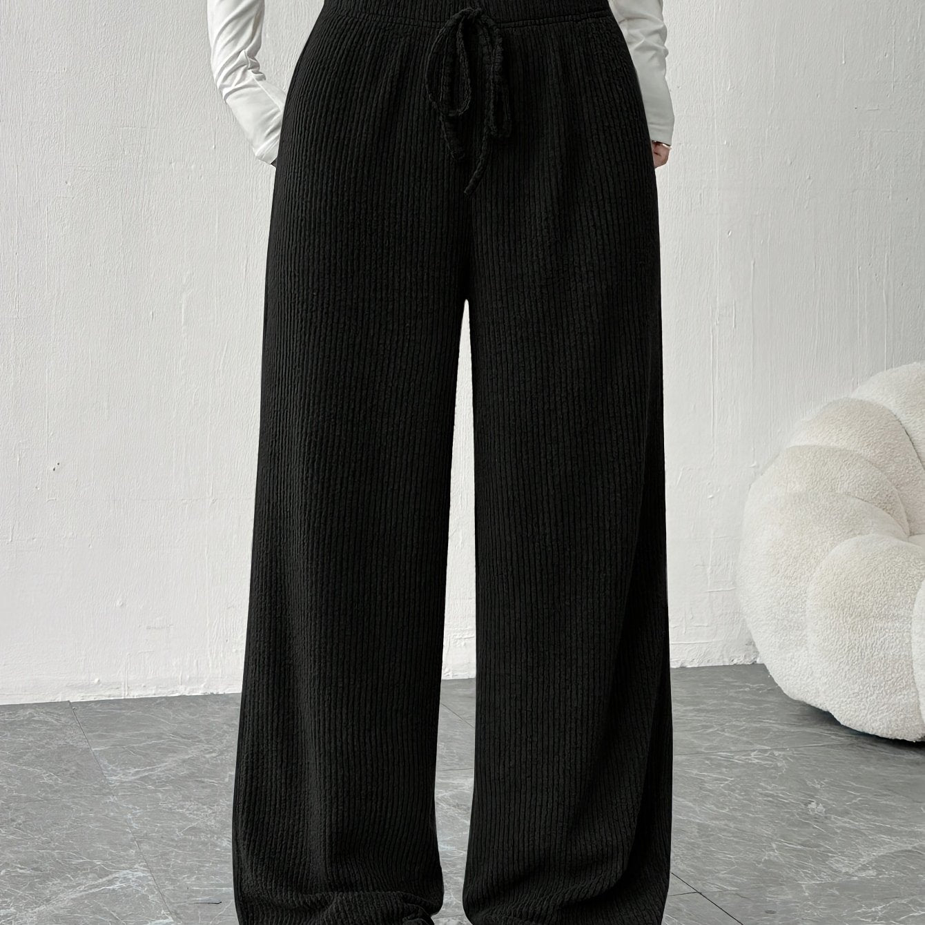 Pantalones Anchos de Punto Acanalado para Mujeres con Cintura Alta y Cuerda de Ajuste, Estilo Casual Relajado