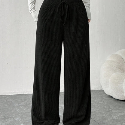 Pantalones Anchos de Punto Acanalado para Mujeres con Cintura Alta y Cuerda de Ajuste, Estilo Casual Relajado