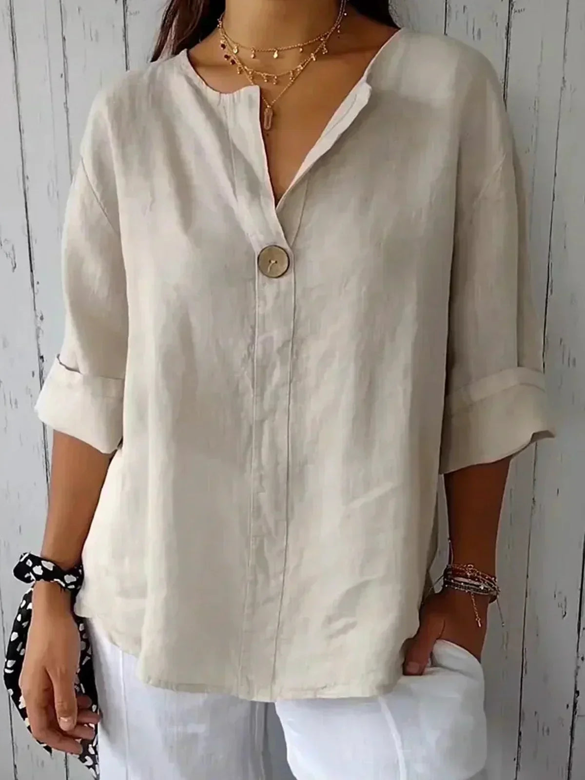 Blusa de Lino Sin Esfuerzo para Mujeres con Cuello en V y Manga de Codo, Estilo Relajado