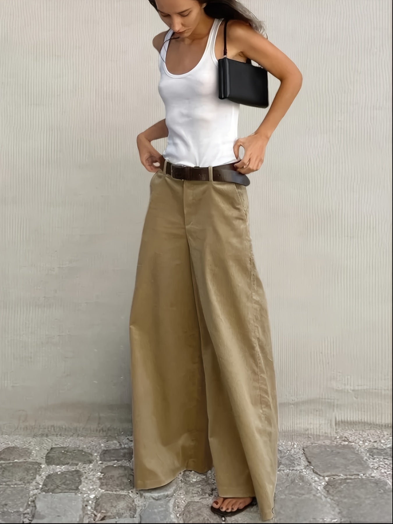 Pantalones Anchos Sin Esfuerzo para Mujeres con Cintura Alta, Botón Frontal, Estilo Casual Relajado