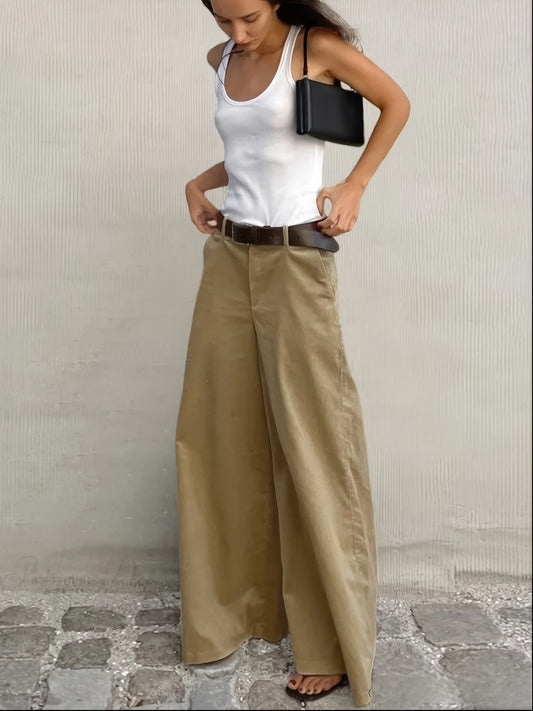 Pantalones Anchos Sin Esfuerzo para Mujeres con Cintura Alta, Botón Frontal, Estilo Casual Relajado