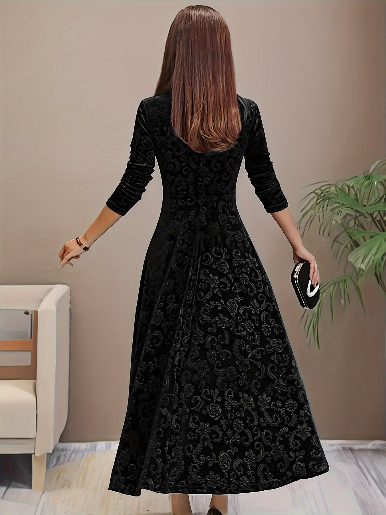 Vestido Maxi Floral de Terciopelo Elegante para Mujeres con Cuello Cuadrado y Manga de Codo Estilo A Fluyente