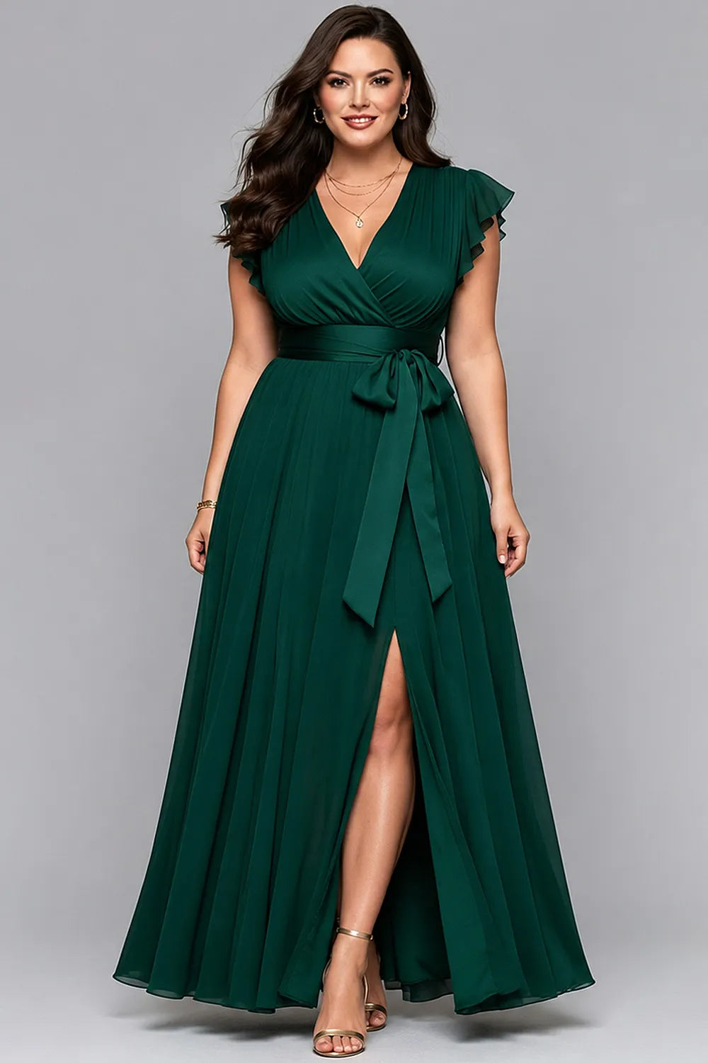 Elegante Vestido Maxi de Chiffon Verde Oscuro para Mujeres con Escote en V, Mangas de Volante y Cintura Ajustada, Estilo Formal para Invitadas de Boda