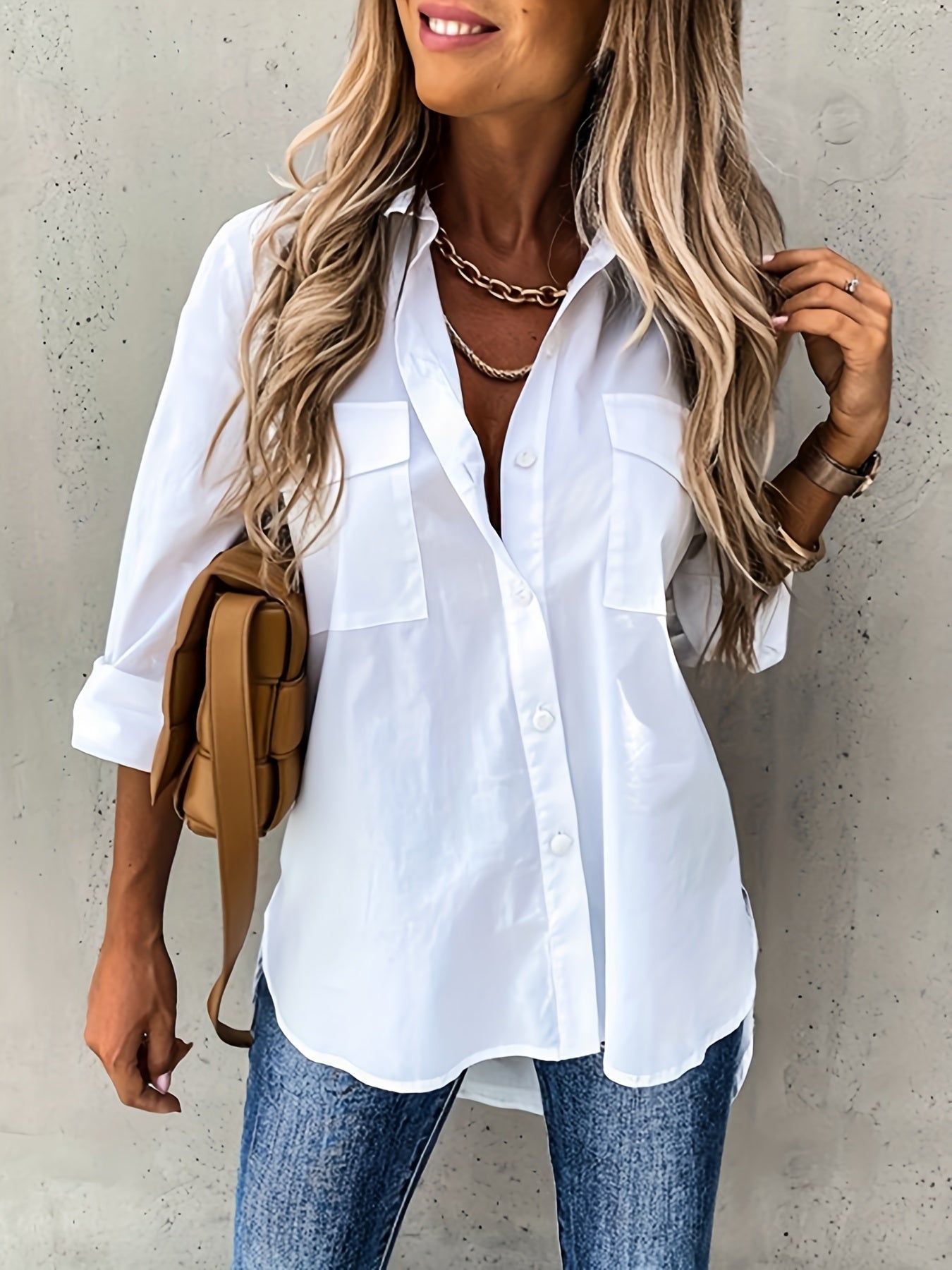Blusa de Bolsillo Utilitaria sin Esfuerzo para Mujeres con Cuello y Manga Larga de Corte Curvado Relajado