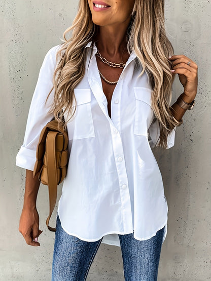 Blusa de Bolsillo Utilitaria sin Esfuerzo para Mujeres con Cuello y Manga Larga de Corte Curvado Relajado