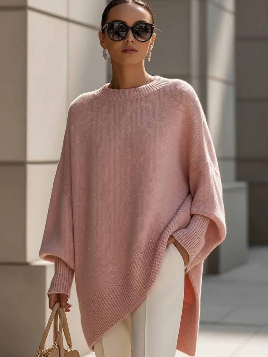 Suéter Poncho de Punto Cómodo para Mujeres con Cuello Redondo y Mangas Murciélago Oversized de Estilo Asimétrico