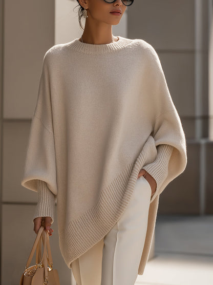 Suéter Poncho de Punto Cómodo para Mujeres con Cuello Redondo y Mangas Murciélago Oversized de Estilo Asimétrico
