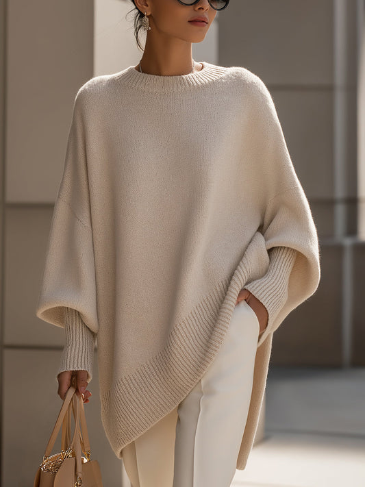 Suéter Poncho de Punto Cómodo para Mujeres con Cuello Redondo y Mangas Murciélago Oversized de Estilo Asimétrico