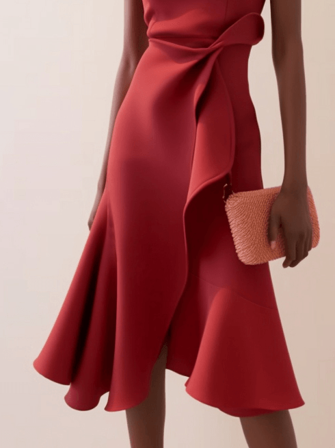 Vestido Midi Elegante con Drapé para Mujeres con Escote Barco, Sin Mangas y Bajo con Volantes Asimétricos Estilo Cóctel