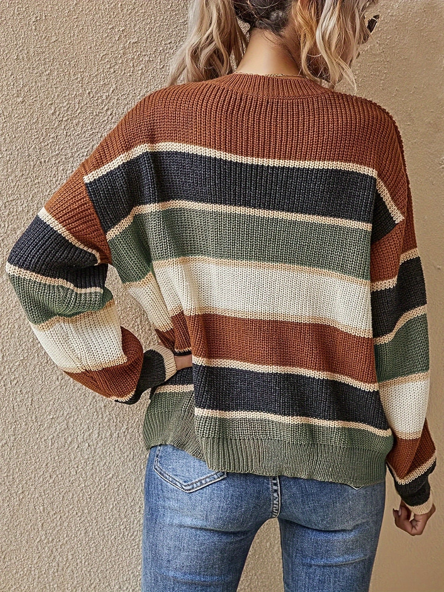 Suéter de rayas color bloque cómodo para mujeres con cuello redondo, manga larga y estilo de punto relajado y oversize